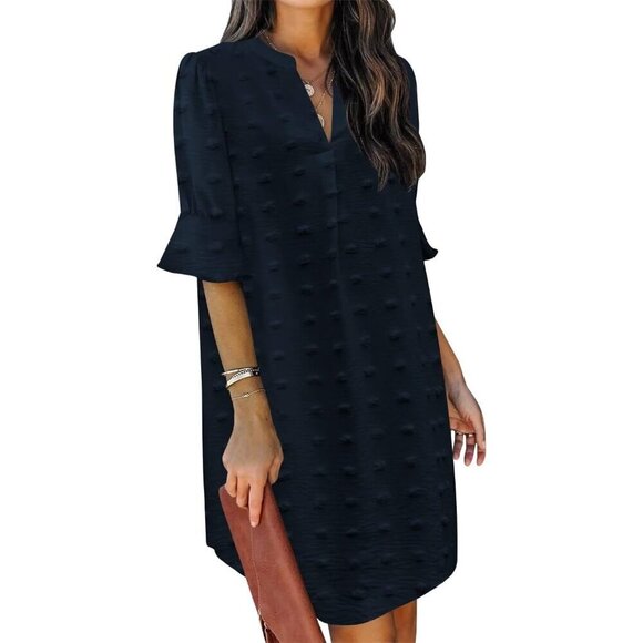 Dresses & Skirts - Women Royal Blue Polyester V-Neck Loose Fit Short Sleeve Knee Length Shift Dress